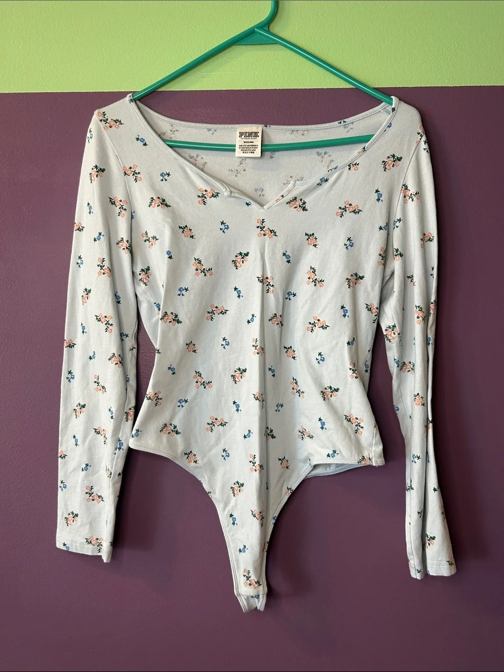 PINK Victoria's Secret Pale Blue Floral V‑Neck Long Sleeve Bodysuit